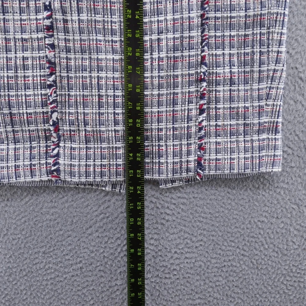 J Crew Womens Navy‎ Blue Red White Plaid Tweed Fringe Pencil Skirt Size 4